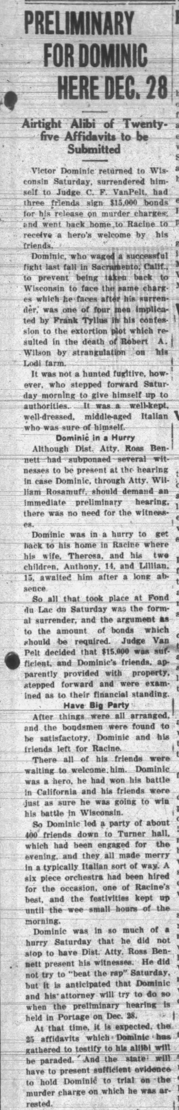 Dominic Hearing Set; Back to Racine Party